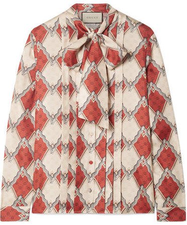 Pussy-bow Pintucked Printed Silk-twill Blouse - Red