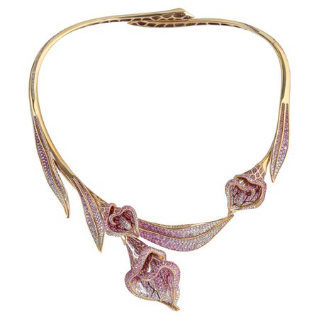 Pink Sapphires Diamonds Colored Enamel 18 Karat Yellow Gold Calla Lily Necklace For Sale at 1stDibs