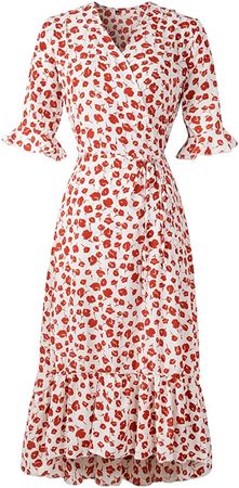 Nantersan Women's Summer V-Neck Wrap Short Sleeve Ruffle Floral A Line Flowy Beach Midi Long Dress Red at Amazon Women’s Clothing store