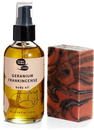 Package Free x Meow Meow Tweet Geranium Frankincense Body Oil & Rose Charcoal Bar Soap