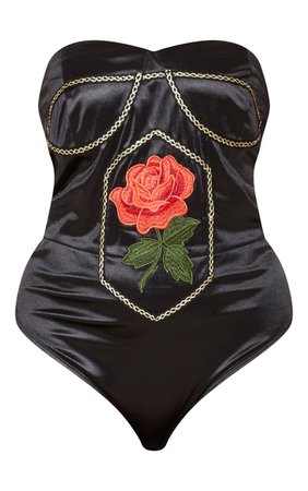 Black Rose Applique Strapless Bodysuit | Tops | PrettyLittleThing USA