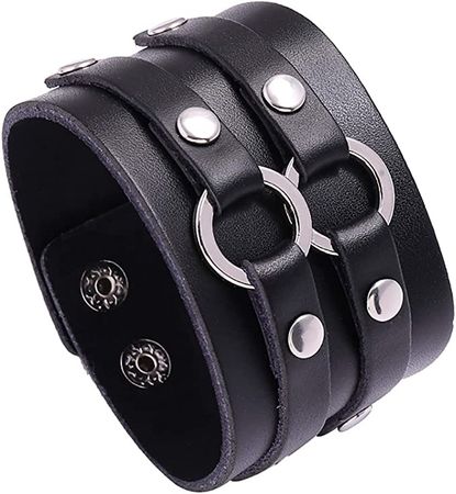 Amazon.com: AZYOUNG Black Brown Leather Cuff Bracelet for Men Women Two Rings Adjustable Snap Button Wrap Bangle,23.5cm(Black): Clothing, Shoes & Jewelry