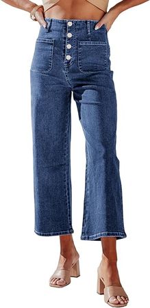 Sidefeel Women's Wide Leg Jeans High Waisted Stretchy Capri Pants Buttoned Loose Denim Pants with Pocket Blue Size 6 at Amazon Women's Jeans store