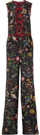 Bow-embellished Floral-print Silk Crepe De Chine Jumpsuit