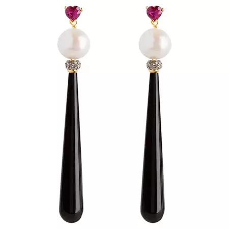 Rossella Ugolini 18K Gold Deco Style Earrings Heart-Shaped Ruby Diamonds Onyx For Sale at 1stDibs