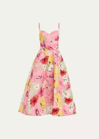 Monique Lhuillier Floral-Embroidered Flared Skirt Dress - Bergdorf Goodman