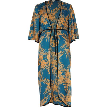 Blue floral tie front kimono - Kimonos - Tops - women