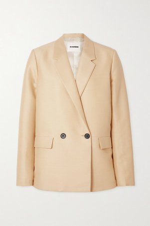 Double-breasted Wool And Silk-blend Blazer - Beige