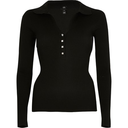 Black ribbed knitted v neck top | River Island