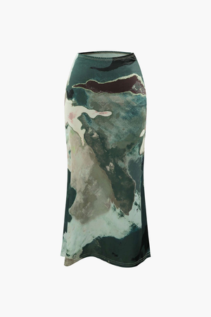 green tie dye print midi skirt