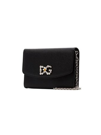 DOLCE & GABBANA black DG crystal embellished leather wallet on chain
