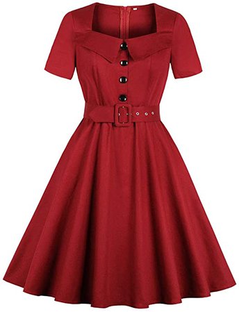 Wellwits Women's Square Neck Lapel Shirt Collared Belted 1940s Vintage Dress at Amazon Women’s Clothing store