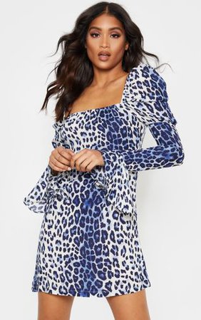 Blue Leopard Print Puff Frill Sleeve Shift Dress | PrettyLittleThing