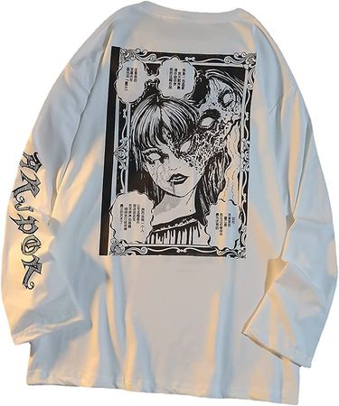 Gothic Cartoon Horror Graphic T-Shirt Women Character Print Loose Punk Japanese Pullover Top Harajuku Street Tees (White, XXL) at Amazon Women’s Clothing store