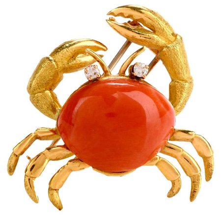 1970s Tiffany and Co. Diamond and Coral Crab Brooch 18 Karat For Sale at 1stDibs