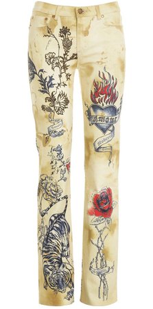 Vintage Roberto Cavalli Distressed Tattoo-Print Trousers