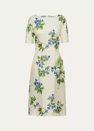 Prada Viola Floral-Print Silk Short-Sleeve Midi Dress - Bergdorf Goodman