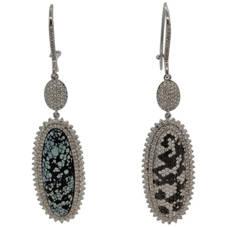 White and Black Diamond Turquoise Gold Drop Earrings For Sale at 1stDibs