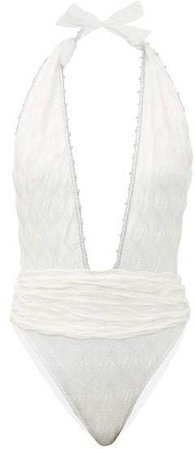 Mare - Belted Plunge Halterneck Knitted Swimsuit - Womens - White