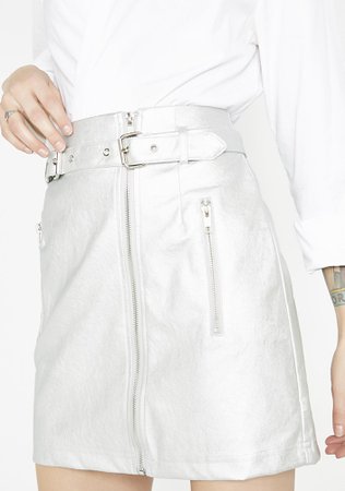 Vegan Leather Metallic Silver Belted Skirt | Dolls Kill