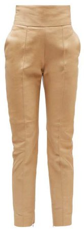High Rise Leather Trousers - Womens - Beige