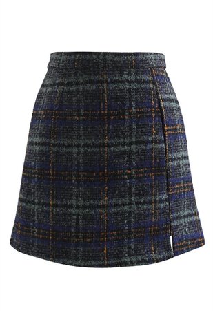 Check Print Wool-Blend Mini Bud Skirt in Teal - Retro, Indie and Unique Fashion