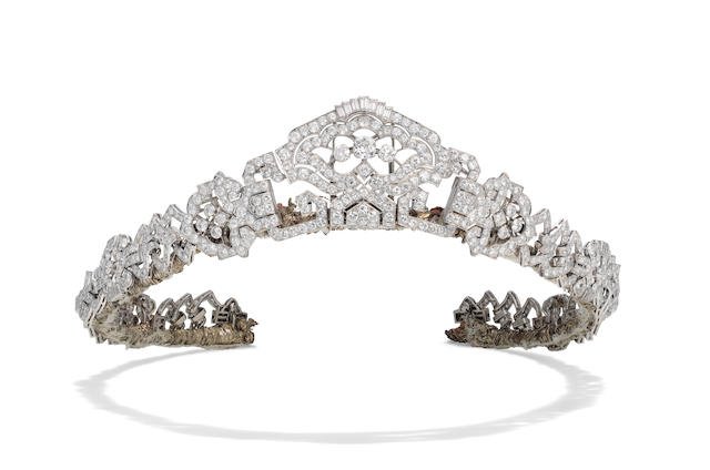 Bonhams : An Art Deco diamond tiara/necklace/brooch combination with green paste and diamond clip brooches, by Hennell,