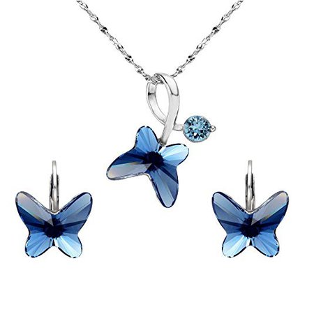 Amazon.com: EleQueen 925 Sterling Silver Butterfly Bridal Necklace Leverback Earrings Set Denim Blue Made with Swarovski Crystals: Jewelry