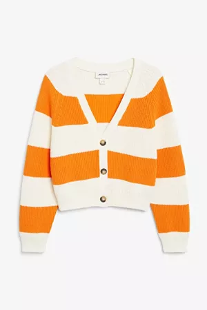 Orange striped chunky cropped cardigan - Orange and white - Monki WW