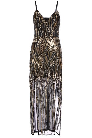 TOWIE Black and Gold Mesh Sequin Maxi Dress - Quiz Clothing