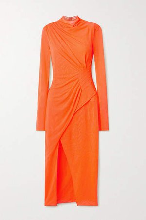 Draped Neon Stretch-mesh Dress - Orange