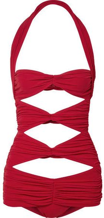 Peekaboo Mio Cutout Ruched Halterneck Swimsuit - Red
