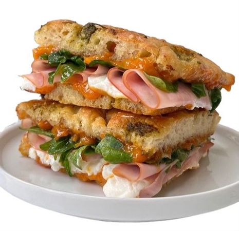 Goat's Cheese, Ham And Apricot Jam Focaccia Sandwich