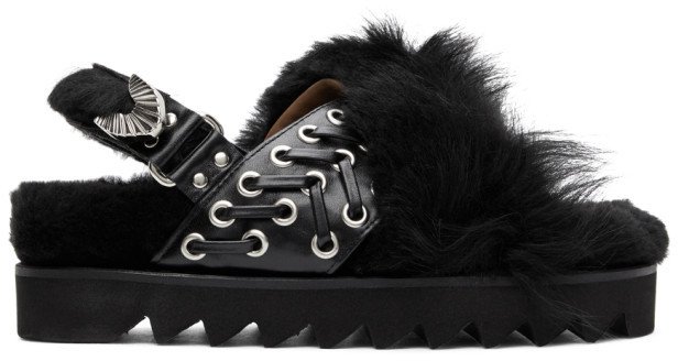 Black Faux-Fur Flat Sandals