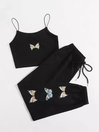 black Butterfly Print Cami Top & Drawstring Sweatpants | SHEIN USA