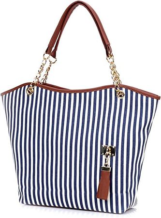 Amazon.com: Womens Canvas Handbag Tassel Stripes Purse Tote Fashion Shoulder Bag Large Capacity, Blue and White : Clothing, Shoes & Jewelry