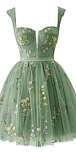 Basgute Women's Tulle Spaghetti Strap Long Prom Dresses Fairy Slit 2023 Flower Embroidery Elegant Green V Neck Cold Shoulder Formal Evening Party Gown US8 at Amazon Women’s Clothing store