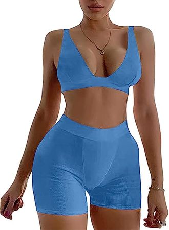 Amazon.com: Women Workout Sets 2 Piece Outfits - Sleeveless Sports Bra Crop Top + Bodycon Leggings Shorts Yoga Gym Clothes Tracksuit : Clothing, Shoes & Jewelry