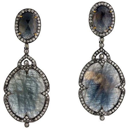 Blue Grey Slice Sapphire Earring in Silver with Diamonds For Sale at 1stdibs
