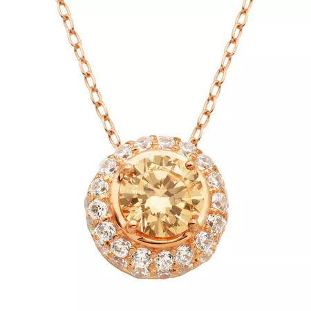 Champagne & White Cubic Zirconia 18k Rose Gold Over Silver Halo Pendant Necklace