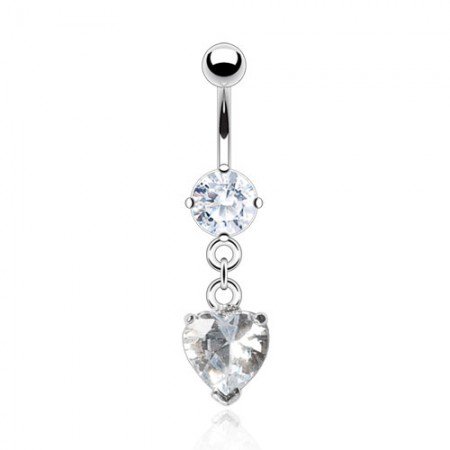 Belly bar with clear heart-shaped crystal
