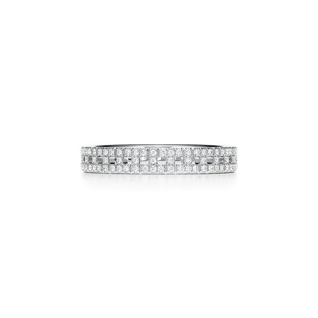 Tiffany T True narrow ring in 18k white gold with pavé diamonds, 3.5 mm wide. | Tiffany & Co.