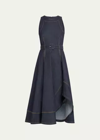 Cinq a Sept Zelda Belted Asymmetric Sleeveless Denim Midi Dress - Bergdorf Goodman