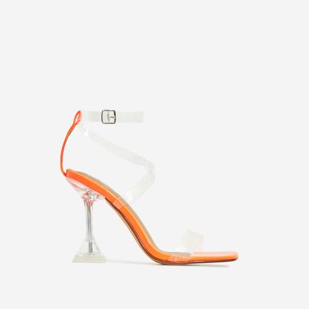 Daydream Barely There Square Toe Perspex Heel In Neon Orange Patent | EGO
