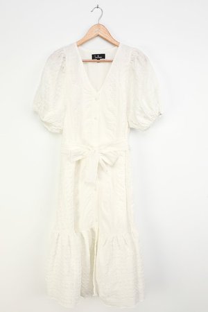 White Midi Dress - Seersucker Dress - Puff Sleeve Maxi Dress - Lulus