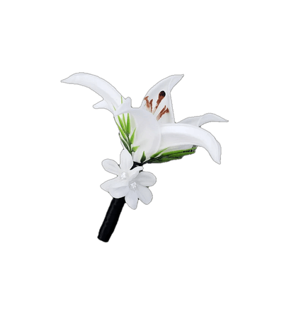 BOXED Real Touch White Stargazer Tiger Lily, White Stephanotis Flowers Diamonds Boutonniere