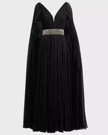 Jenny Packham Veronica Crystal Embellished Cape-Sleeve Plisse Gown | Neiman Marcus