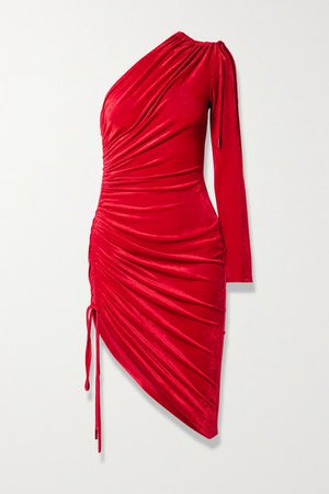 One-sleeve Ruched Velvet Mini Dress - Red