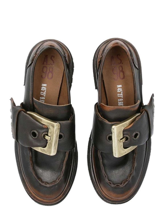 black leather loafers with metal buckle