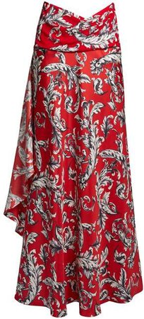 Draped Side Fluted Hem Satin Maxi Skirt - Womens - Red Multi